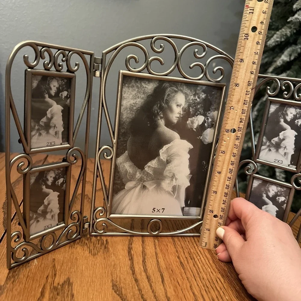 Vintage‎ Trifold Pewter Collage Photo Frame Scroll Work 5 Openings